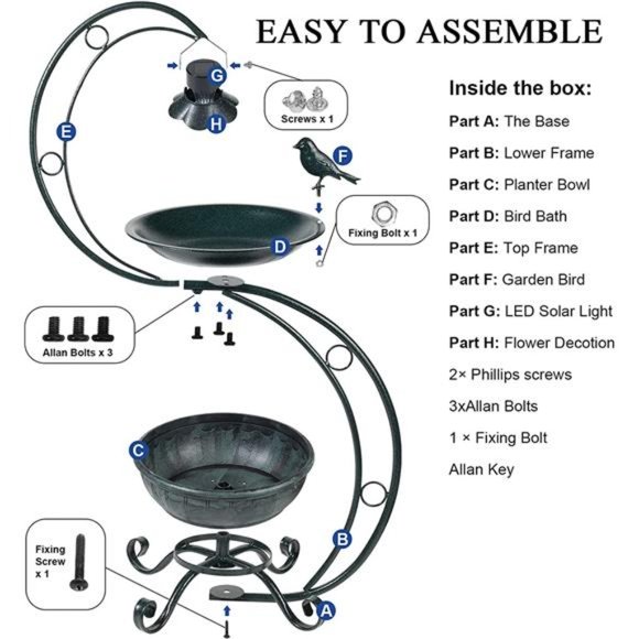 Solar Lamp 35.5" H, Metal Bird Bath, Weather Resistant, Vintage-Bronze Green - Picture 3 of 7